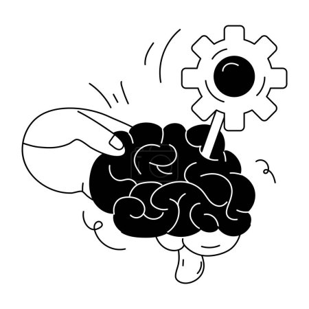Téléchargez les illustrations : Cerveau avec icône de dessin animé engrenage sur fond blanc - en licence libre de droit
