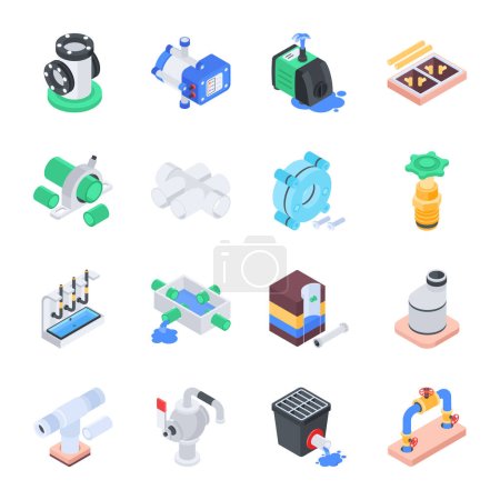 Illustration for Set of Plumbing Pipework Isometric Icons - Royalty Free Image