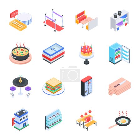 Ilustración de Paquete de Restaurante y Panadería Iconos Isométricos - Imagen libre de derechos