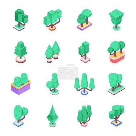 Illustration for Trendy Garden Trees Isometric Icons - Royalty Free Image
