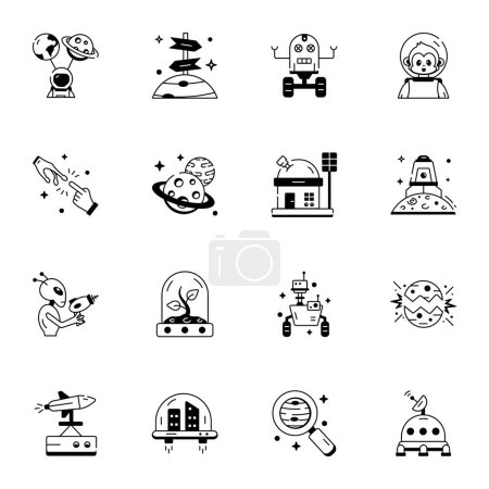 Ilustración de Esboza iconos vectoriales espaciales. Iconos en blanco y negro sobre fondo aislado. - Imagen libre de derechos