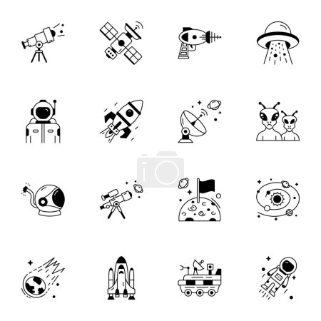 Téléchargez les illustrations : Décrivez les icônes vectorielles spatiales. Icônes noires et blanches sur fond isolé. - en licence libre de droit