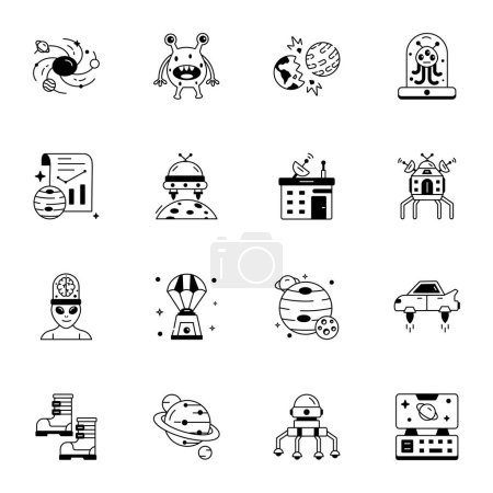 Ilustración de Esboza iconos vectoriales espaciales. Iconos en blanco y negro sobre fondo aislado. - Imagen libre de derechos