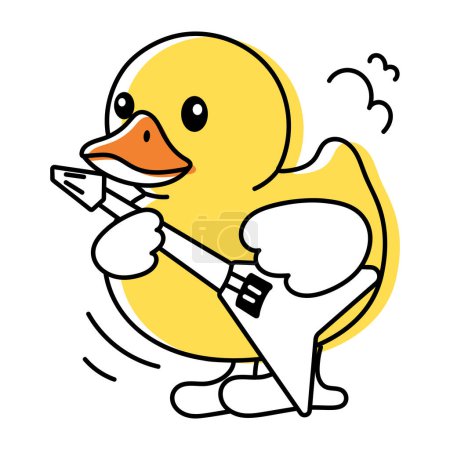 Téléchargez les illustrations : Jolie icône de gribouillage d'un canard tenant la guitare isolée sur fond blanc - en licence libre de droit