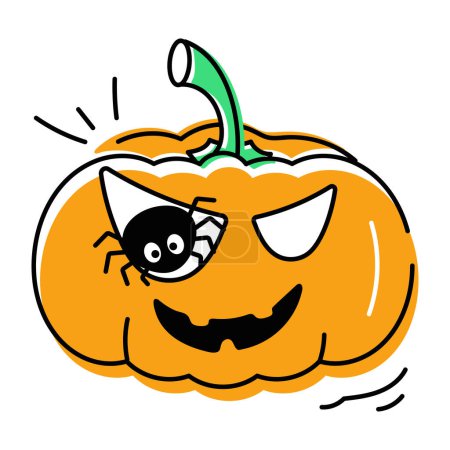Téléchargez les illustrations : Citrouille avec illustration vectorielle d'araignée. heureux caractère de citrouille halloween. - en licence libre de droit