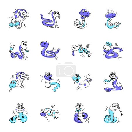 Téléchargez les illustrations : Vecteur serpents de dessin animé mis sur blanc - en licence libre de droit
