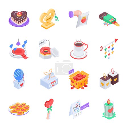 Téléchargez les illustrations : Ensemble d'icônes de conception isométrique de la nourriture sucrée et dessert. - en licence libre de droit