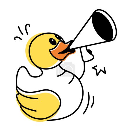 Téléchargez les illustrations : Jolie icône doodle d'un canard avec haut-parleur isolé sur fond blanc - en licence libre de droit