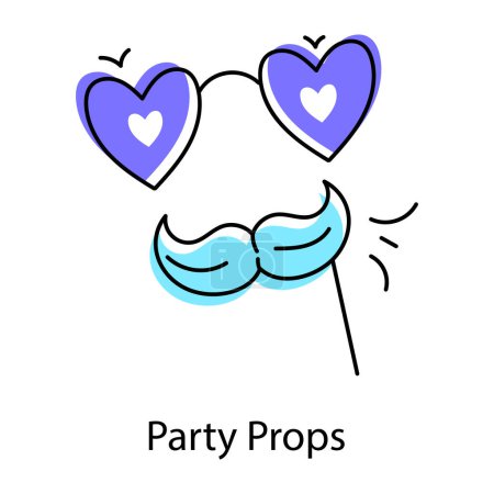 Ilustración de Garabato de dibujos animados de accesorios de fiesta, bigotes y gafas en forma de corazón - Imagen libre de derechos