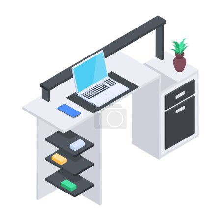 Illustration for Workplace in office. Isometric image of table with laptop isolated on white background - Royalty Free Image