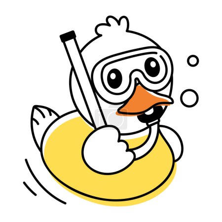 Téléchargez les illustrations : Jolie icône doodle d'un canard en masque de plongée isolé sur fond blanc - en licence libre de droit