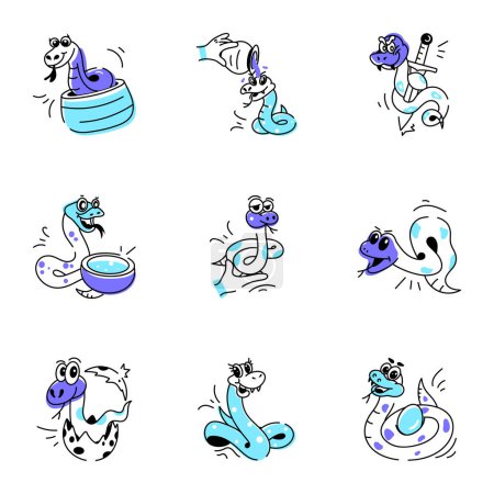 Téléchargez les illustrations : Jeu de dessins animés d'icônes de serpents, illustration vectorielle sur fond blanc - en licence libre de droit