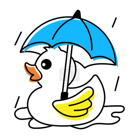 Illustration for Cute doodle icon of a duck holding umbrella isolated on white background - Royalty Free Image
