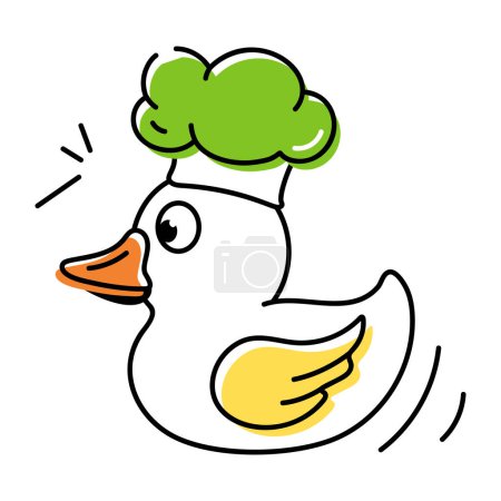 Téléchargez les illustrations : Jolie icône doodle d'un canard dans un chapeau de chef isolé sur fond blanc - en licence libre de droit