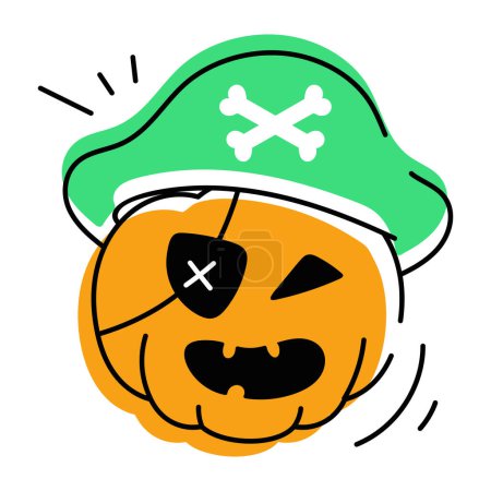 Téléchargez les illustrations : Citrouille d'Halloween avec un chapeau de pirate, illustration vectorielle - en licence libre de droit