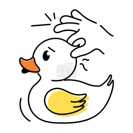 Illustration for Cute doodle icon of a duck in human hand isolated on white background - Royalty Free Image