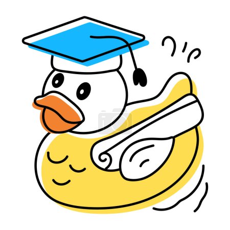 Téléchargez les illustrations : Jolie icône doodle d'un canard avec diplôme et chapeau diplômé isolé sur fond blanc - en licence libre de droit