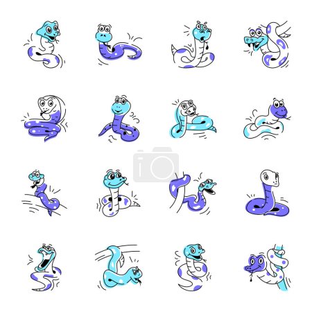 Téléchargez les illustrations : Ensemble d'icônes dessinées à la main de serpents empoisonnés - en licence libre de droit