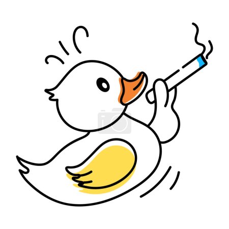 Téléchargez les illustrations : Mignonne icône doodle d'un canard fumant cigarette isolé sur fond blanc - en licence libre de droit