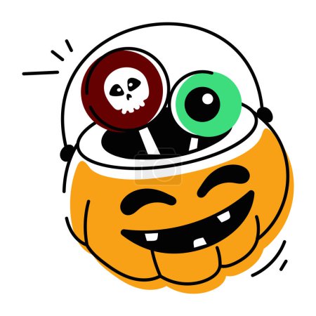 Ilustración de Ilustración vectorial de la calabaza de Halloween de dibujos animados con caramelos - Imagen libre de derechos