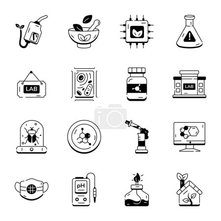 Téléchargez les illustrations : Laboratoire de chimie et icônes schématiques montrant diverses expériences - en licence libre de droit