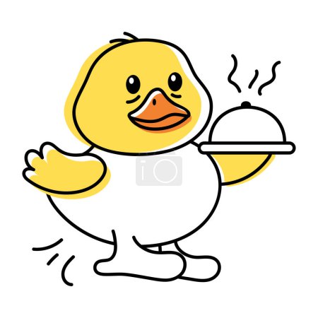Téléchargez les illustrations : Jolie icône de gribouillage d'un canard tenant plat isolé sur fond blanc - en licence libre de droit