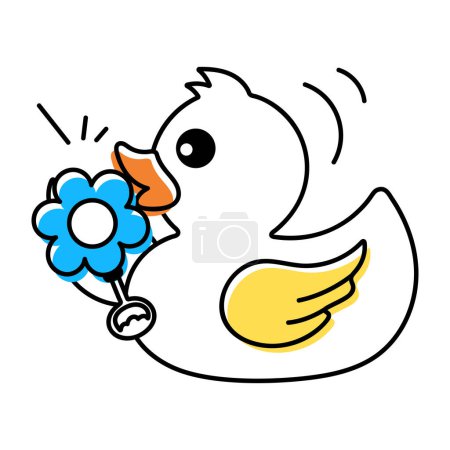 Cute doodle icon of a duck with flower isolated on white background