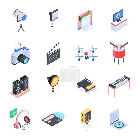 Illustration for Vector isometric flat icons set of film production and television - Royalty Free Image
