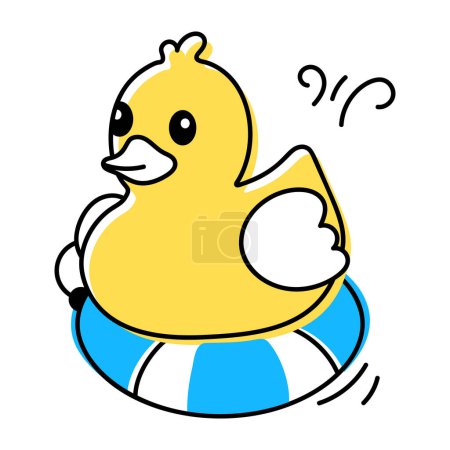 Téléchargez les illustrations : Jolie icône de gribouillage d'un canard avec bouée de sauvetage isolée sur fond blanc - en licence libre de droit