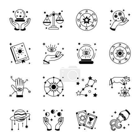 Ilustración de Conjunto de 16 iconos lineales de astrología - Imagen libre de derechos