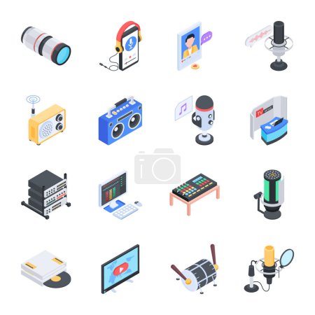 Illustration for Handy Isometric Icons Depicting Podcast Equipment - Royalty Free Image
