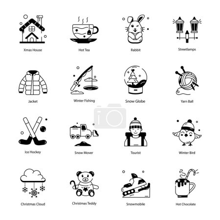 Téléchargez les illustrations : Set winter holidays icons, vector illustration simple design - en licence libre de droit
