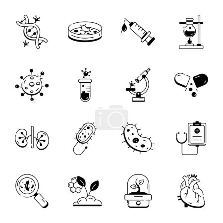 Ilustración de Laboratorio de química e iconos diagramáticos que muestran experimentos variados - Imagen libre de derechos