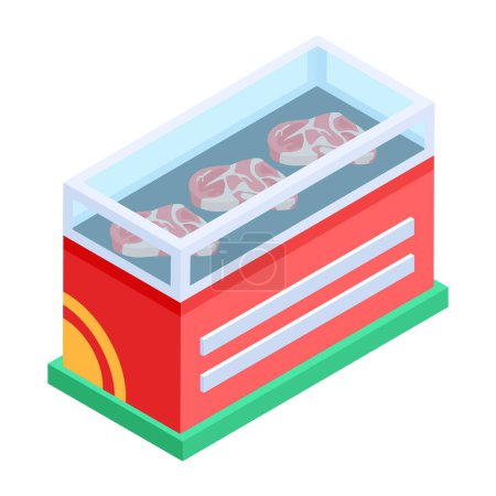 Téléchargez les illustrations : Réfrigérateur isométrique avec viande, illustration vectorielle design simple - en licence libre de droit