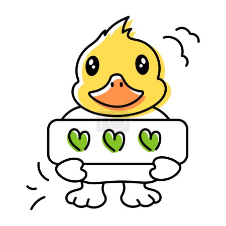 Illustration for Cute doodle icon of a duck holding board with hearts isolated on white background - Royalty Free Image