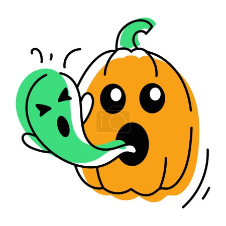 Illustration for Halloween pumpkin, jack o lantern cartoon icon with ghost - Royalty Free Image