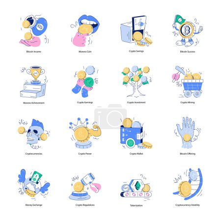 Trendy Set of Cryptocurrency Doodle Mini Illustrations