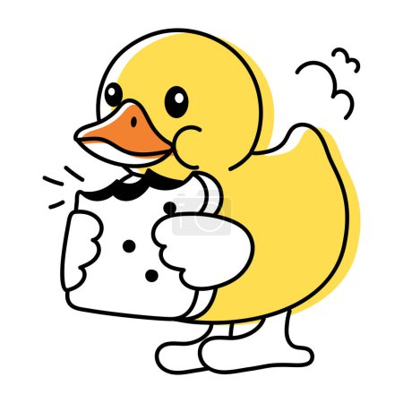 Téléchargez les illustrations : Jolie icône de gribouillage d'un canard mangeant du pain grillé isolé sur fond blanc - en licence libre de droit