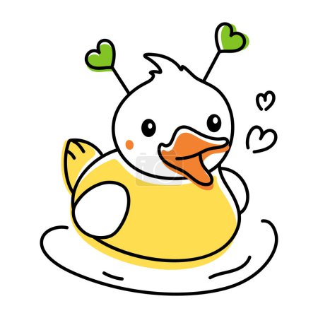 Téléchargez les illustrations : Jolie icône de gribouillage d'un canard avec des cœurs verts isolés sur fond blanc - en licence libre de droit