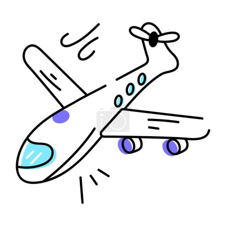 Die Ebene, die Linienzeichnung. Skizze, durchgehende Linie. Ein Flugzeug am Himmel. Vektorisolierte Schwarz-Weiß-Illustration. Reise, Reise, Flughafen, Urlaub