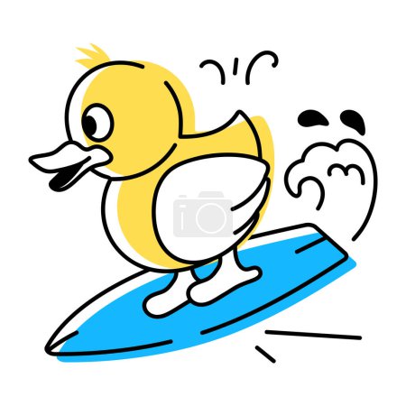 Téléchargez les illustrations : Jolie icône doodle d'un canard surfant isolé sur fond blanc - en licence libre de droit