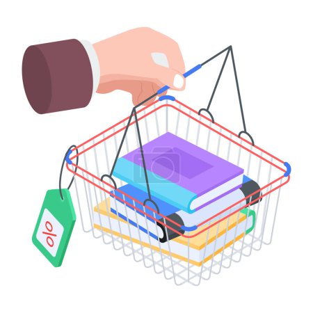 Ilustración de Cesta con libros, concepto de compras en línea, estilo isométrico - Imagen libre de derechos