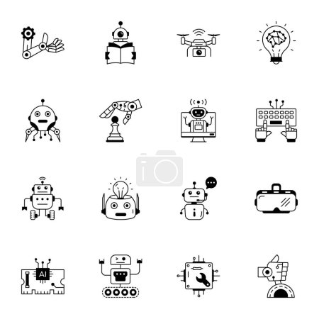 Téléchargez les illustrations : Collection tendance d'icônes linéaires robotiques - en licence libre de droit