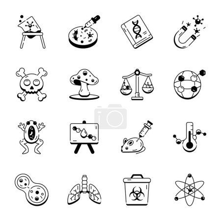 Ilustración de Laboratorio de química e iconos diagramáticos que muestran experimentos variados - Imagen libre de derechos