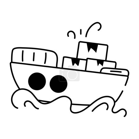 Téléchargez les illustrations : Dessin ligne caricature cargo navire - en licence libre de droit