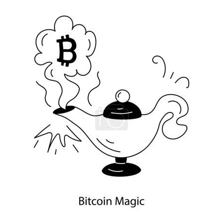 Téléchargez les illustrations : Contour vectoriel d'une ligne d'art noir et blanc d'une lampe magique et Bitcoin dans un style linéaire - en licence libre de droit