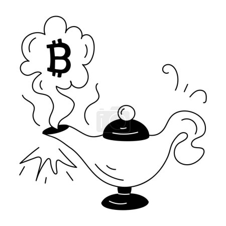 Téléchargez les illustrations : Contour vectoriel d'une ligne d'art noir et blanc d'une lampe magique et Bitcoin dans un style linéaire - en licence libre de droit
