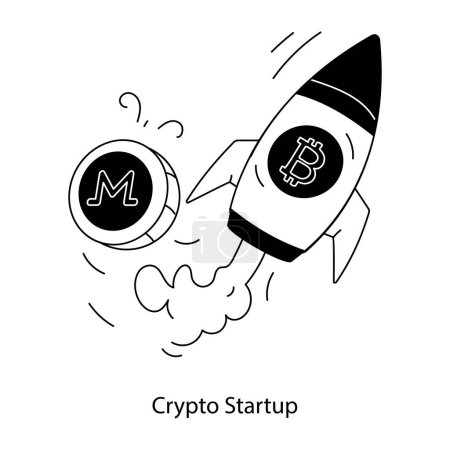 Téléchargez les illustrations : Bitcoin et monero icône de lancement de pièce dans la conception de ligne. - en licence libre de droit