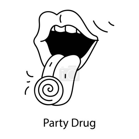 Illustration for Line drawing cartoon human tongue and pill. party drug - Royalty Free Image