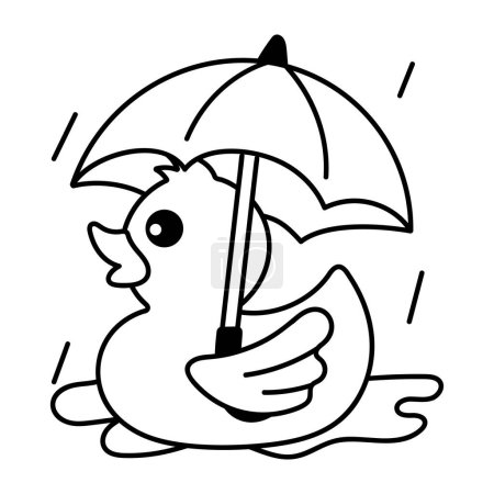 Ilustración de Línea de dibujos animados lindo pato con paraguas - Imagen libre de derechos